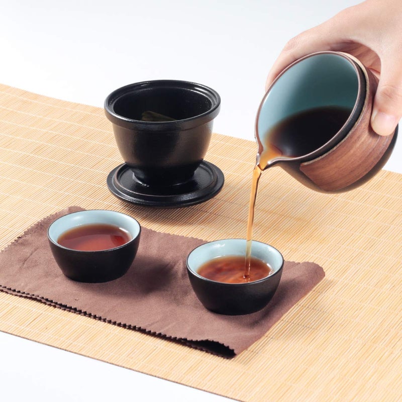 Dltsli Mini Travel Ceramic Tea Pot Set Chinese Kung Fu Teapot, 1 Pot 2 Cups Porcelain Teacups with Tea Infuser Portable Bag for Outdoor Picnic (Black) - Image 2